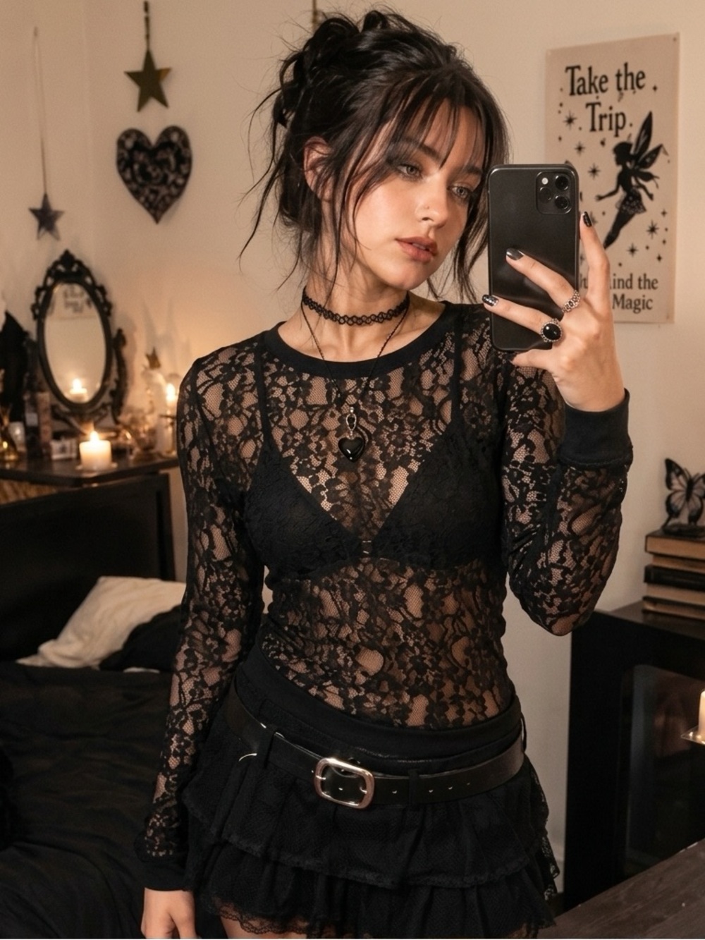 Vintage Express Black Sheer Lace Long Sleeve Top Coquette Girl Size L Goth